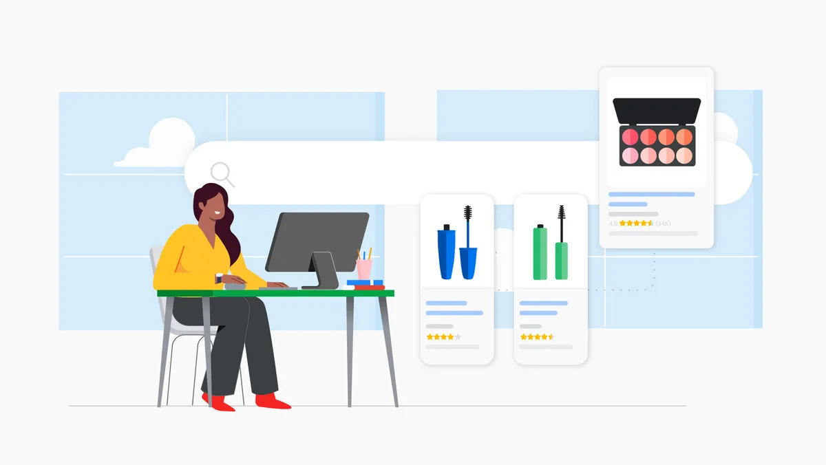 Person shopping on computer with images of cosmetic products
