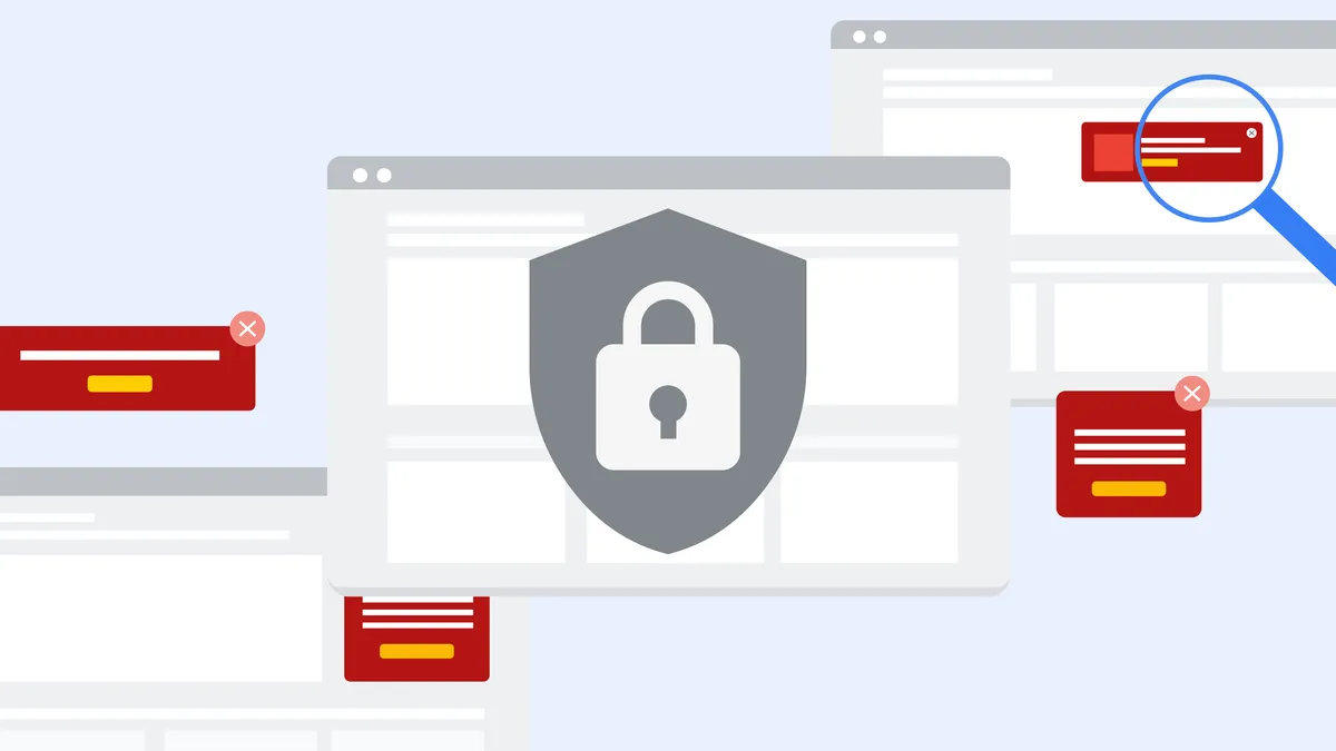 A shield with a padlock icon on a computer screen, surrounded by popup windows with error messages.