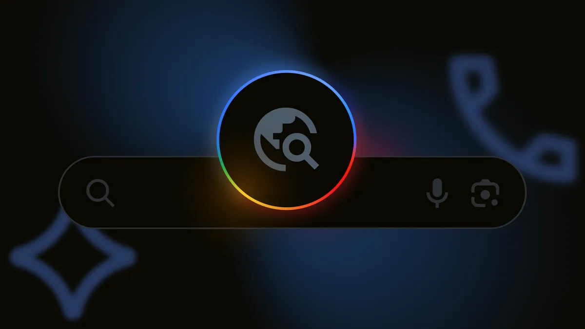 A central search bar features a colorful, glowing icon of a magnifying glass over a globe, flanked by standard search, voice, and image search icons, set against a dark, blurry background.